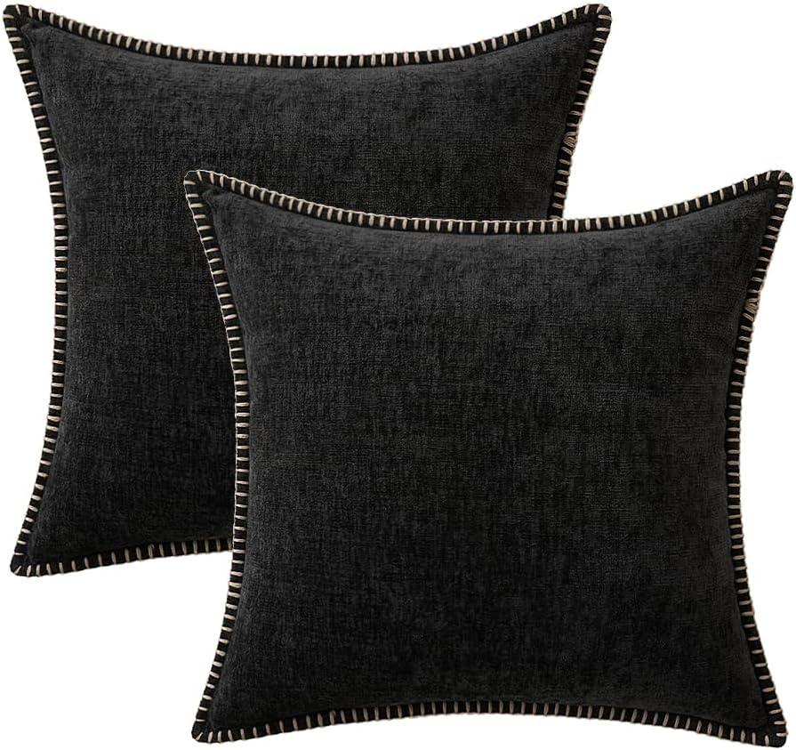 imageMIULEE Pack of 2 Couch Throw Pillow Covers 18x18 Inch Dark Teal Farmhouse Decorative Pillow Covers with Stitched Edge Soft Chenille Solid Dyed Spring Pillow Covers for Sofa Bed Living RoomBlack