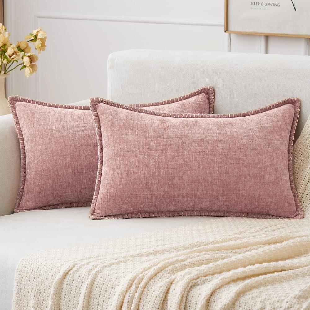 imageMIULEE Pack of 2 Couch Throw Pillow Covers 18x18 Inch Dark Teal Farmhouse Decorative Pillow Covers with Stitched Edge Soft Chenille Solid Dyed Spring Pillow Covers for Sofa Bed Living RoomBlush Pink