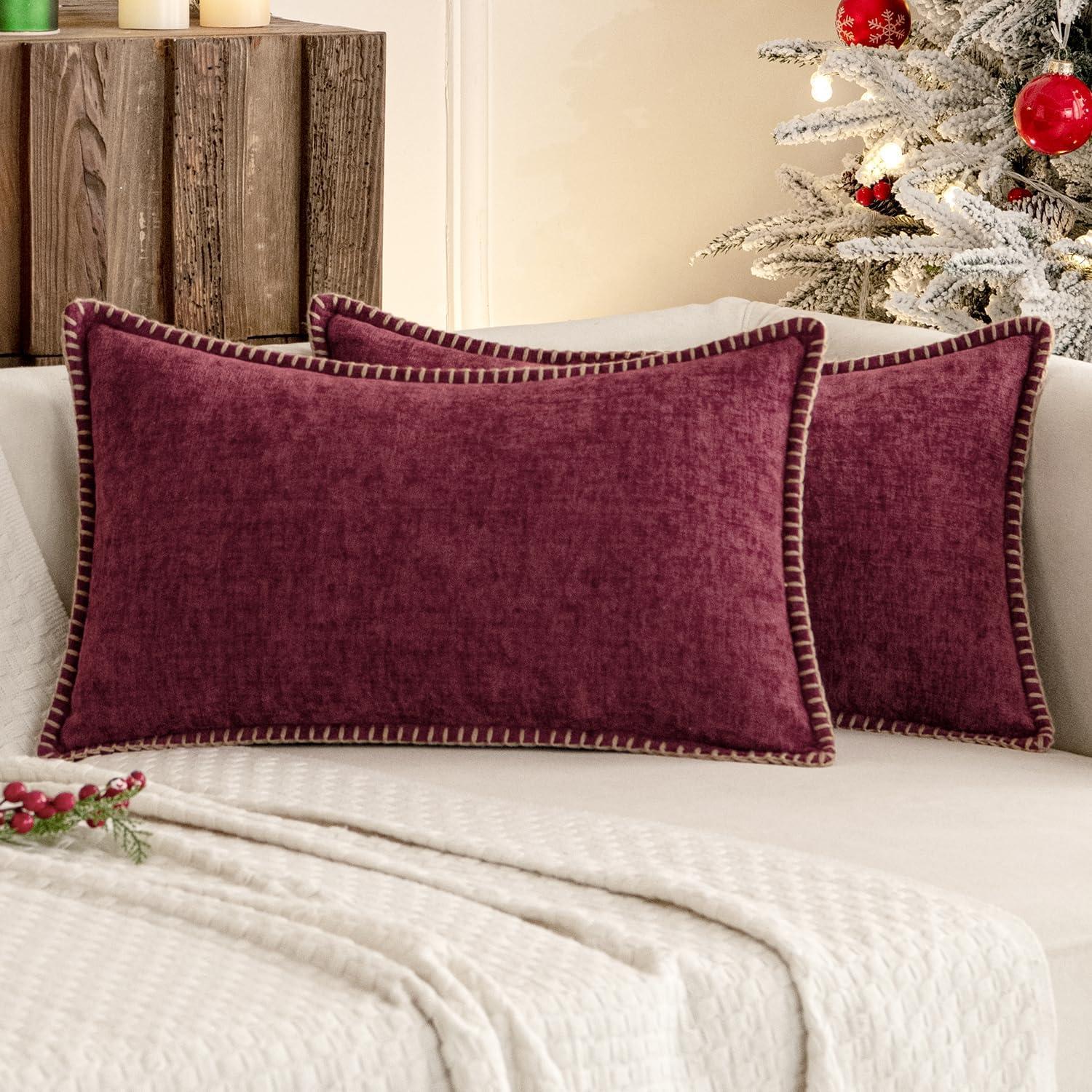 imageMIULEE Pack of 2 Couch Throw Pillow Covers 18x18 Inch Dark Teal Farmhouse Decorative Pillow Covers with Stitched Edge Soft Chenille Solid Dyed Spring Pillow Covers for Sofa Bed Living RoomBurgundy Red