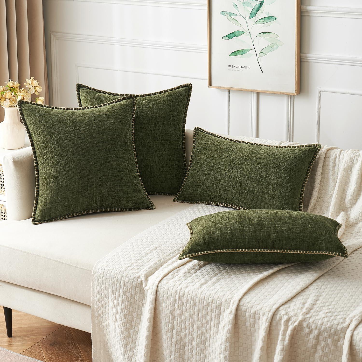 imageMIULEE Pack of 2 Couch Throw Pillow Covers 18x18 Inch Dark Teal Farmhouse Decorative Pillow Covers with Stitched Edge Soft Chenille Solid Dyed Spring Pillow Covers for Sofa Bed Living RoomOlive Green