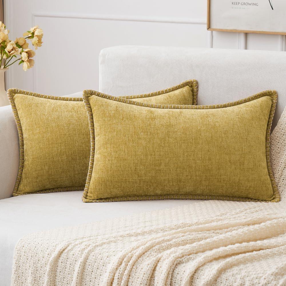 imageMIULEE Pack of 2 Couch Throw Pillow Covers 18x18 Inch Dark Teal Farmhouse Decorative Pillow Covers with Stitched Edge Soft Chenille Solid Dyed Spring Pillow Covers for Sofa Bed Living RoomMustard Yellow