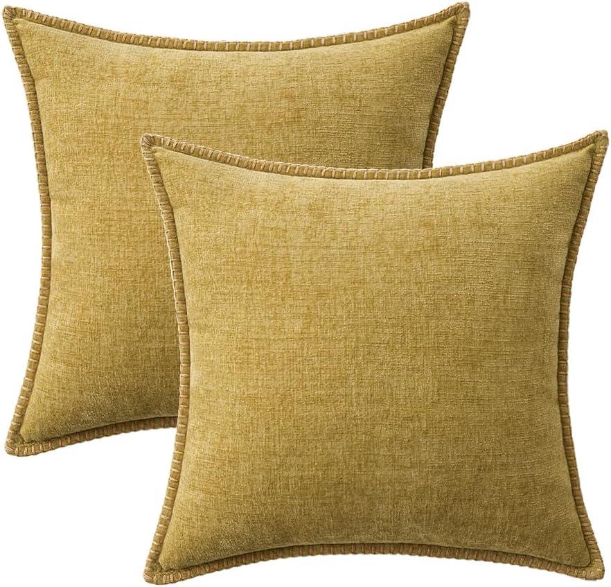 imageMIULEE Pack of 2 Couch Throw Pillow Covers 18x18 Inch Dark Teal Farmhouse Decorative Pillow Covers with Stitched Edge Soft Chenille Solid Dyed Spring Pillow Covers for Sofa Bed Living RoomMustard Yellow