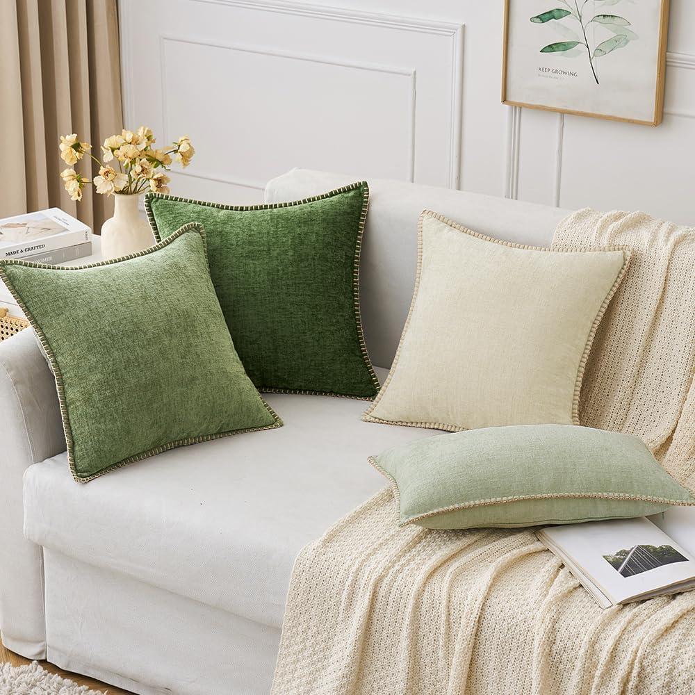 imageMIULEE Pack of 2 Couch Throw Pillow Covers 18x18 Inch Dark Teal Farmhouse Decorative Pillow Covers with Stitched Edge Soft Chenille Solid Dyed Spring Pillow Covers for Sofa Bed Living RoomCream White