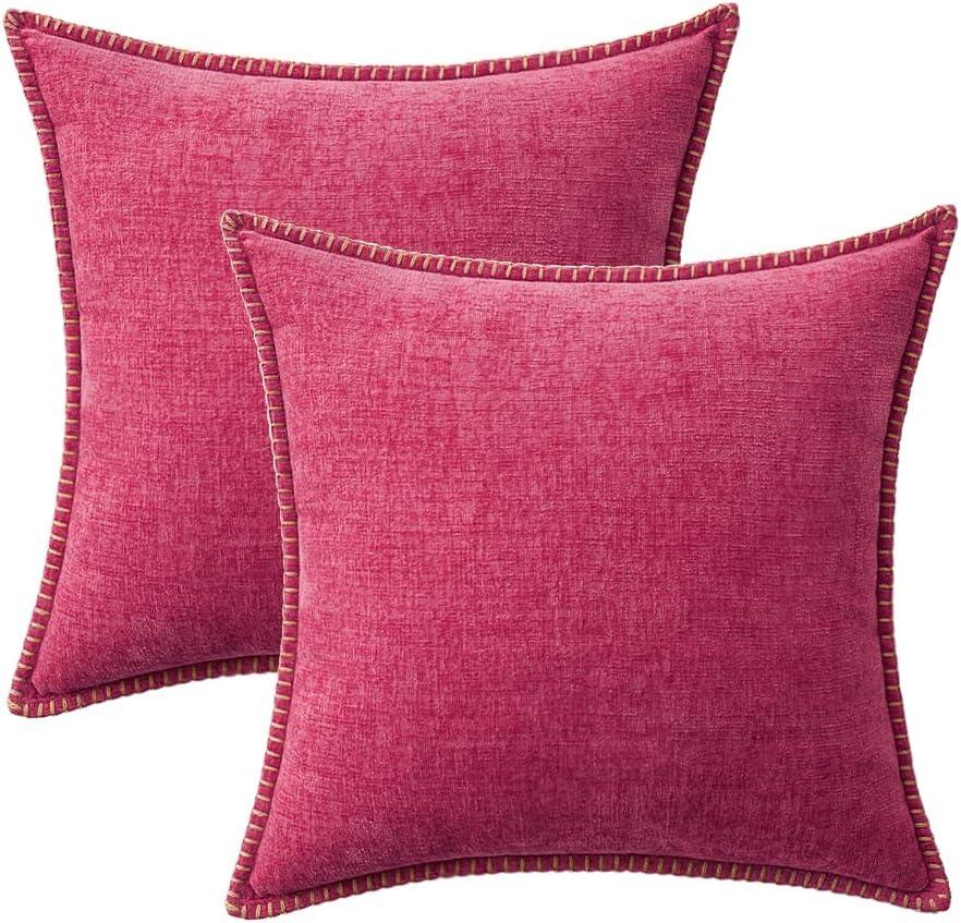 imageMIULEE Pack of 2 Couch Throw Pillow Covers 18x18 Inch Dark Teal Farmhouse Decorative Pillow Covers with Stitched Edge Soft Chenille Solid Dyed Spring Pillow Covers for Sofa Bed Living RoomHot Pink
