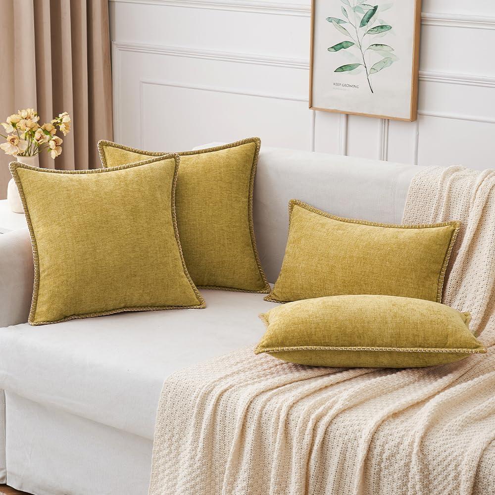 imageMIULEE Pack of 2 Couch Throw Pillow Covers 18x18 Inch Dark Teal Farmhouse Decorative Pillow Covers with Stitched Edge Soft Chenille Solid Dyed Spring Pillow Covers for Sofa Bed Living RoomMustard Yellow
