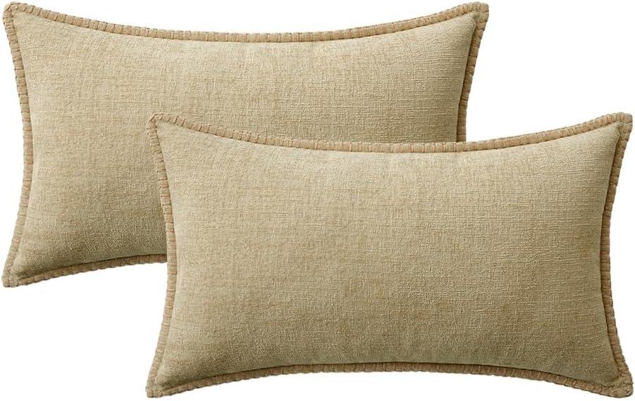 imageMIULEE Pack of 2 Couch Throw Pillow Covers 18x18 Inch Dark Teal Farmhouse Decorative Pillow Covers with Stitched Edge Soft Chenille Solid Dyed Spring Pillow Covers for Sofa Bed Living RoomBeige