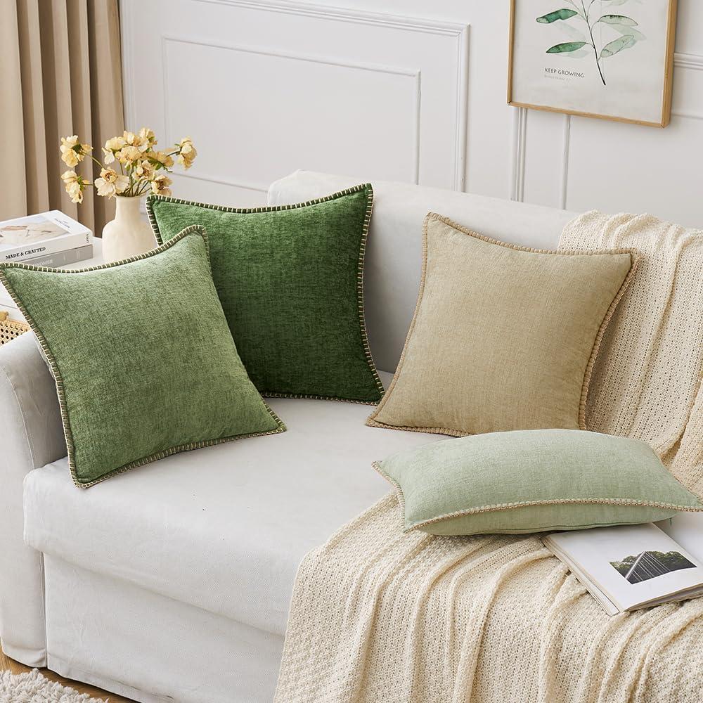 imageMIULEE Pack of 2 Couch Throw Pillow Covers 18x18 Inch Dark Teal Farmhouse Decorative Pillow Covers with Stitched Edge Soft Chenille Solid Dyed Spring Pillow Covers for Sofa Bed Living RoomMoss Green