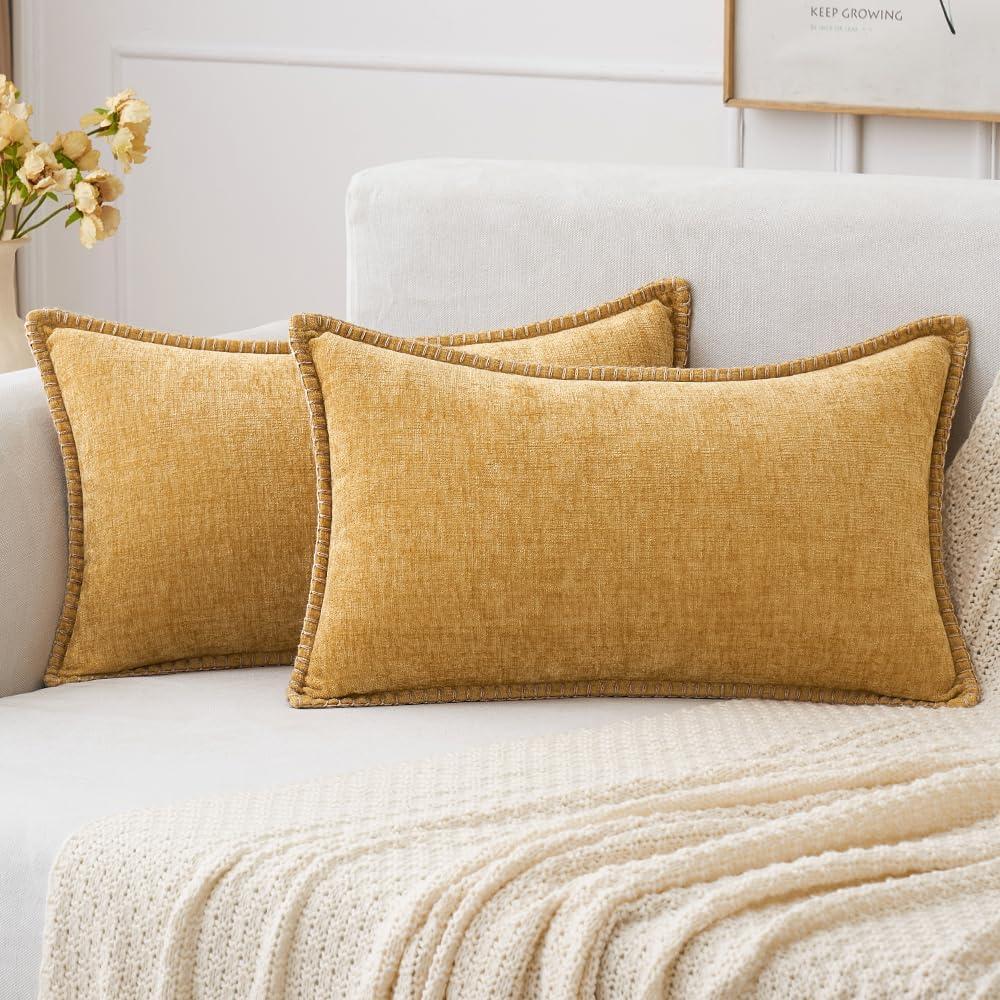 imageMIULEE Pack of 2 Couch Throw Pillow Covers 18x18 Inch Dark Teal Farmhouse Decorative Pillow Covers with Stitched Edge Soft Chenille Solid Dyed Spring Pillow Covers for Sofa Bed Living RoomGold