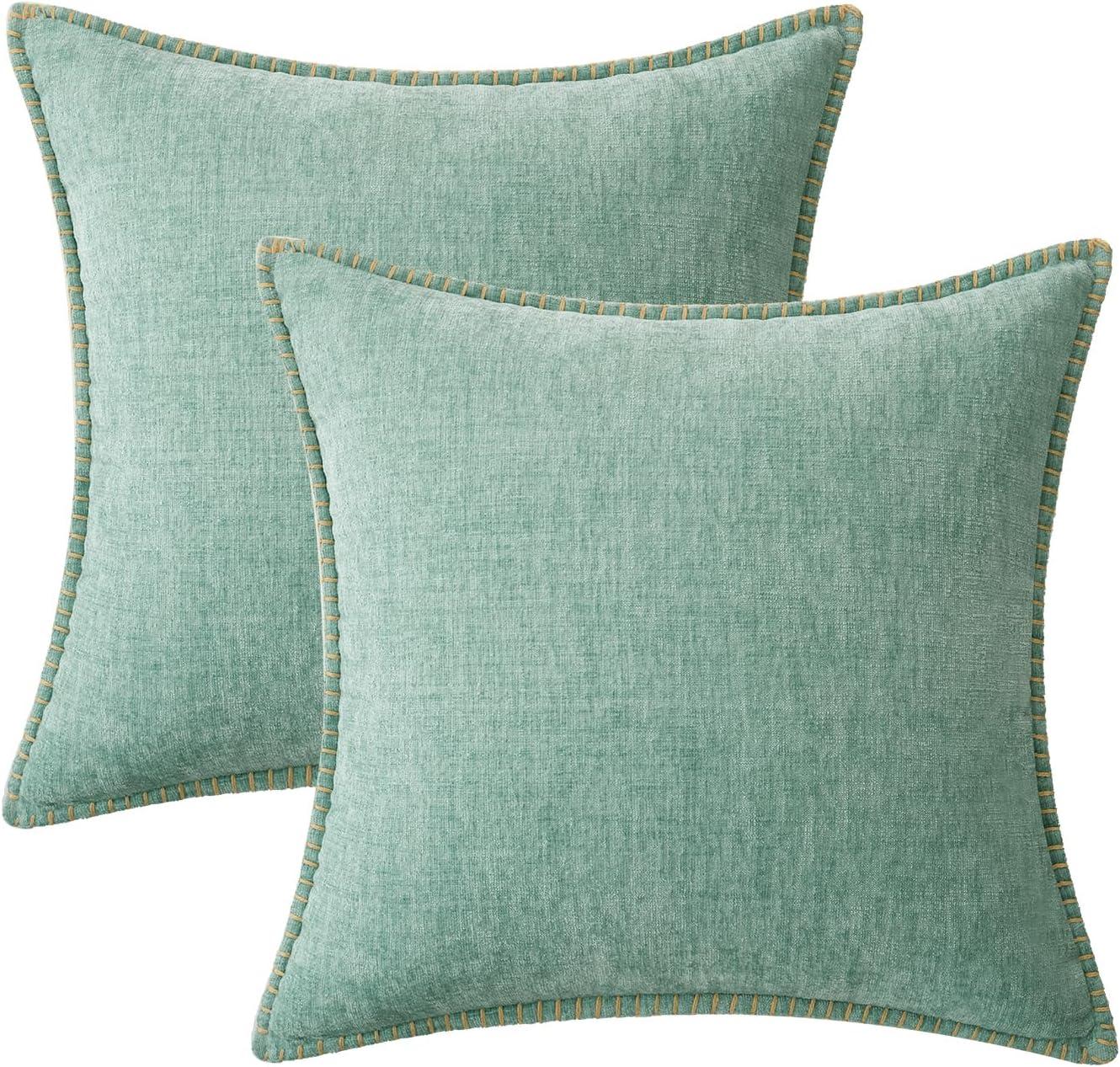 imageMIULEE Pack of 2 Couch Throw Pillow Covers 18x18 Inch Dark Teal Farmhouse Decorative Pillow Covers with Stitched Edge Soft Chenille Solid Dyed Spring Pillow Covers for Sofa Bed Living RoomAqua Green