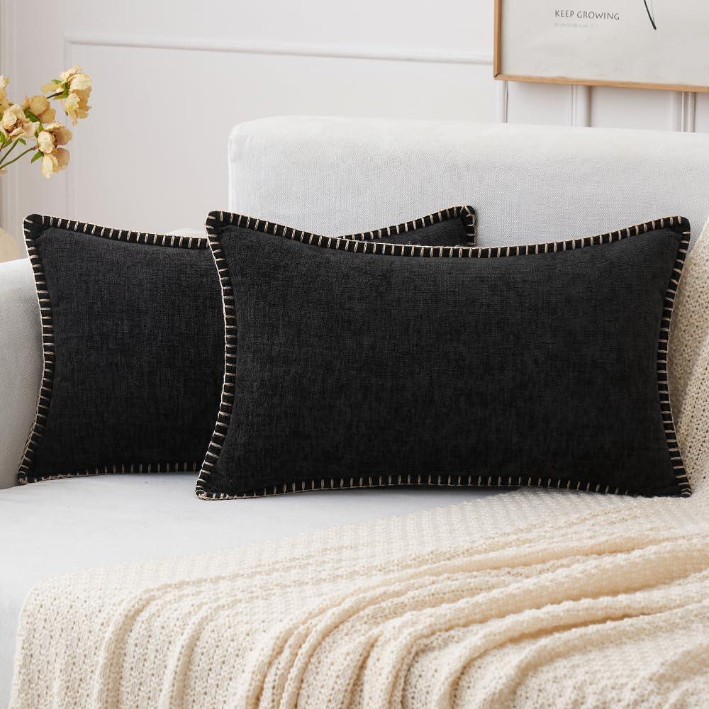 imageMIULEE Pack of 2 Couch Throw Pillow Covers 18x18 Inch Dark Teal Farmhouse Decorative Pillow Covers with Stitched Edge Soft Chenille Solid Dyed Spring Pillow Covers for Sofa Bed Living RoomBlack