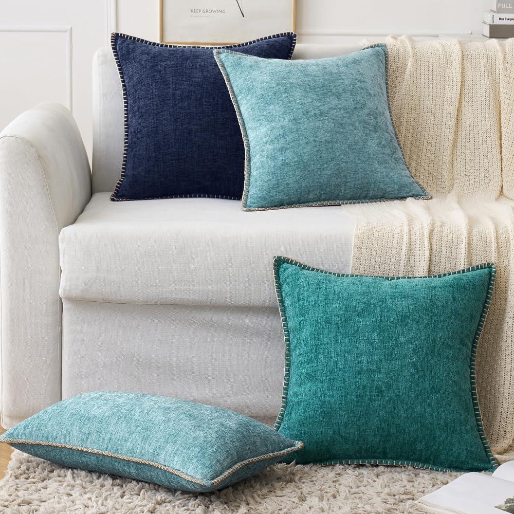 imageMIULEE Pack of 2 Couch Throw Pillow Covers 18x18 Inch Dark Teal Farmhouse Decorative Pillow Covers with Stitched Edge Soft Chenille Solid Dyed Spring Pillow Covers for Sofa Bed Living RoomNavy Blue
