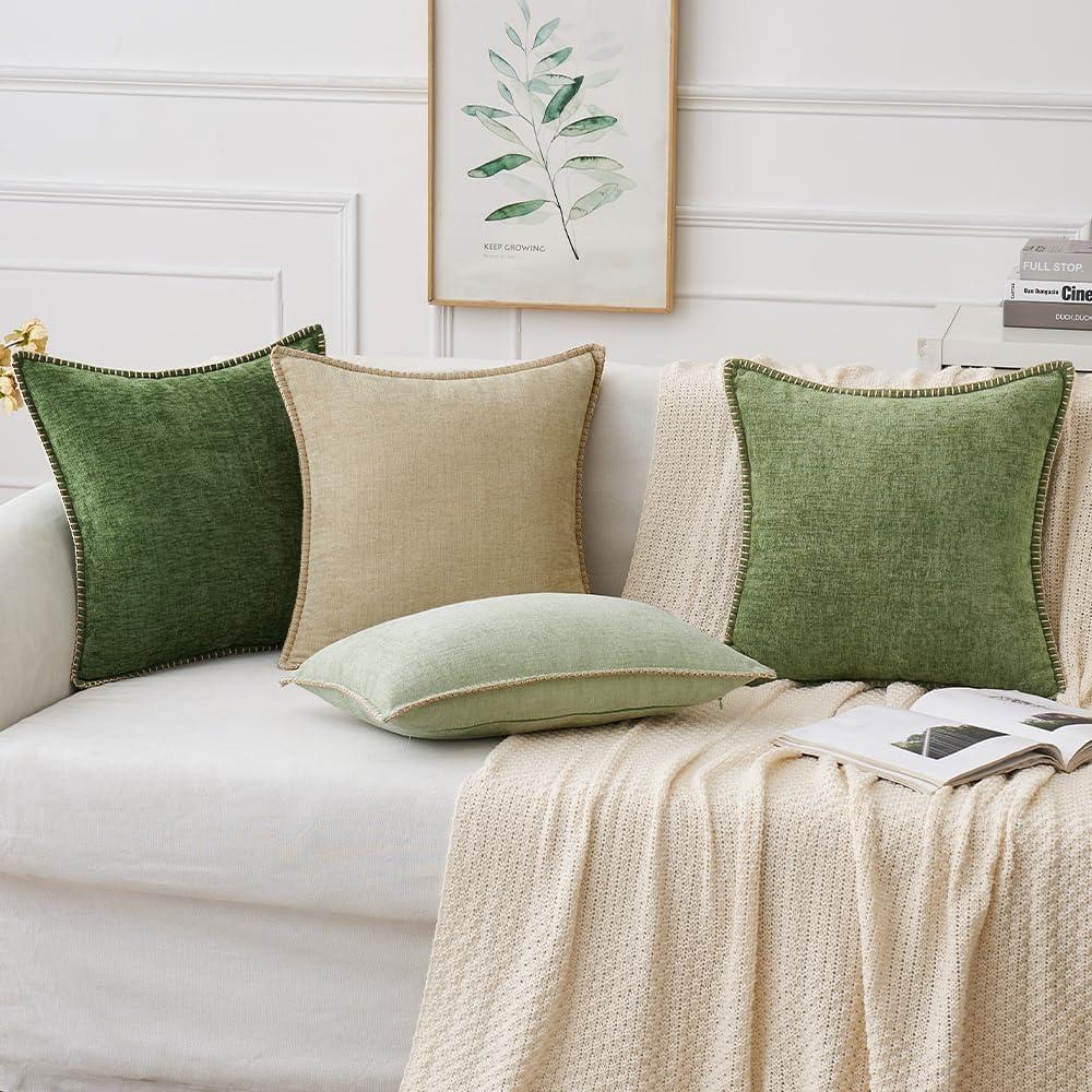 imageMIULEE Pack of 2 Couch Throw Pillow Covers 18x18 Inch Dark Teal Farmhouse Decorative Pillow Covers with Stitched Edge Soft Chenille Solid Dyed Spring Pillow Covers for Sofa Bed Living RoomBeige