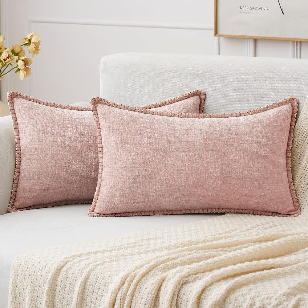 imageMIULEE Pack of 2 Couch Throw Pillow Covers 18x18 Inch Dark Teal Farmhouse Decorative Pillow Covers with Stitched Edge Soft Chenille Solid Dyed Spring Pillow Covers for Sofa Bed Living RoomPink