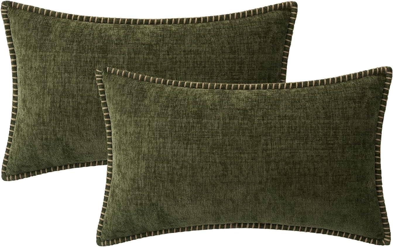 imageMIULEE Pack of 2 Couch Throw Pillow Covers 18x18 Inch Dark Teal Farmhouse Decorative Pillow Covers with Stitched Edge Soft Chenille Solid Dyed Spring Pillow Covers for Sofa Bed Living RoomOlive Green