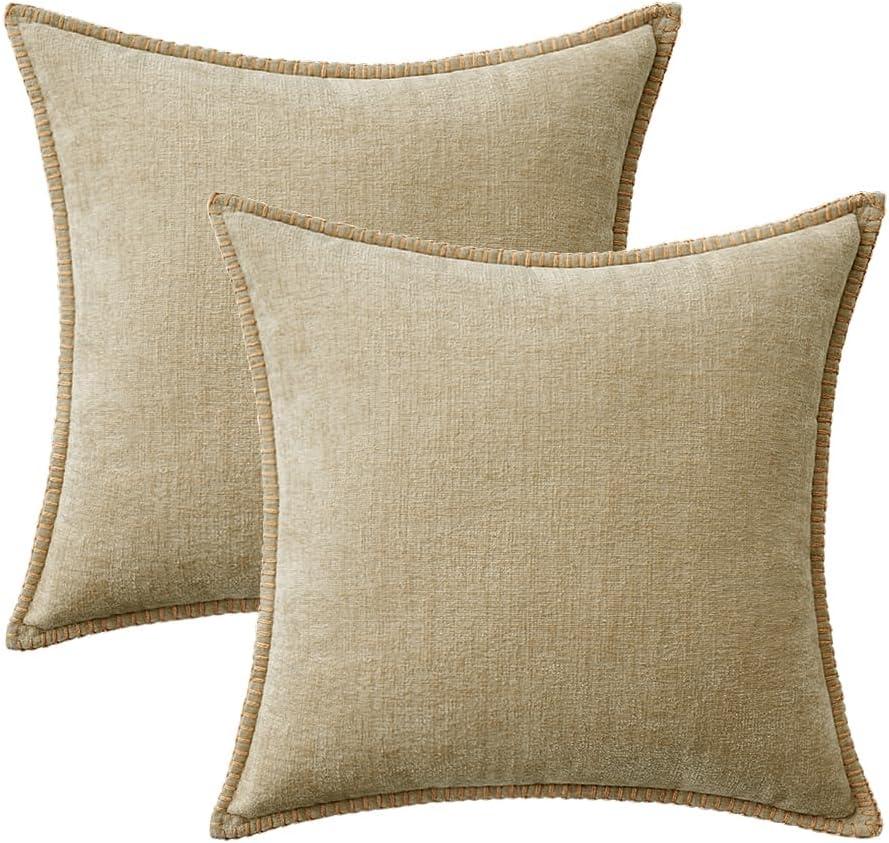 imageMIULEE Pack of 2 Couch Throw Pillow Covers 18x18 Inch Dark Teal Farmhouse Decorative Pillow Covers with Stitched Edge Soft Chenille Solid Dyed Spring Pillow Covers for Sofa Bed Living RoomBeige
