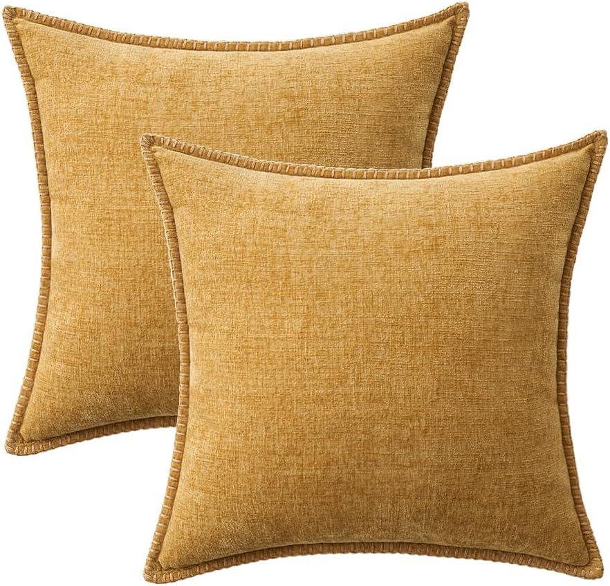 imageMIULEE Pack of 2 Couch Throw Pillow Covers 18x18 Inch Dark Teal Farmhouse Decorative Pillow Covers with Stitched Edge Soft Chenille Solid Dyed Spring Pillow Covers for Sofa Bed Living RoomGold