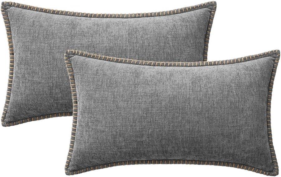 imageMIULEE Pack of 2 Couch Throw Pillow Covers 18x18 Inch Dark Teal Farmhouse Decorative Pillow Covers with Stitched Edge Soft Chenille Solid Dyed Spring Pillow Covers for Sofa Bed Living RoomDark Gray