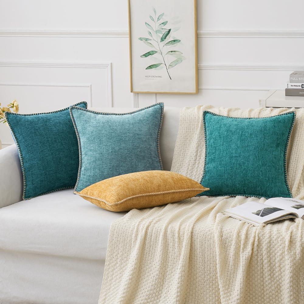 imageMIULEE Pack of 2 Couch Throw Pillow Covers 18x18 Inch Dark Teal Farmhouse Decorative Pillow Covers with Stitched Edge Soft Chenille Solid Dyed Spring Pillow Covers for Sofa Bed Living RoomDark Teal