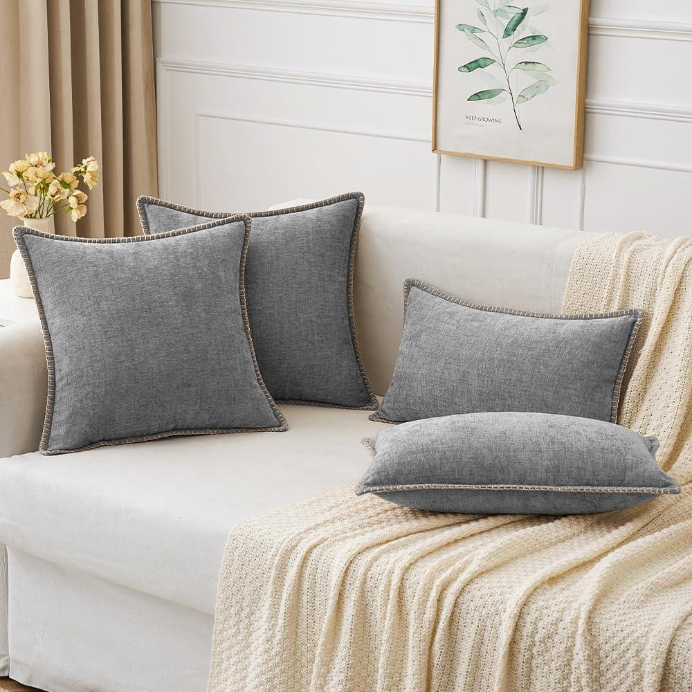 imageMIULEE Pack of 2 Couch Throw Pillow Covers 18x18 Inch Dark Teal Farmhouse Decorative Pillow Covers with Stitched Edge Soft Chenille Solid Dyed Spring Pillow Covers for Sofa Bed Living RoomDark Gray