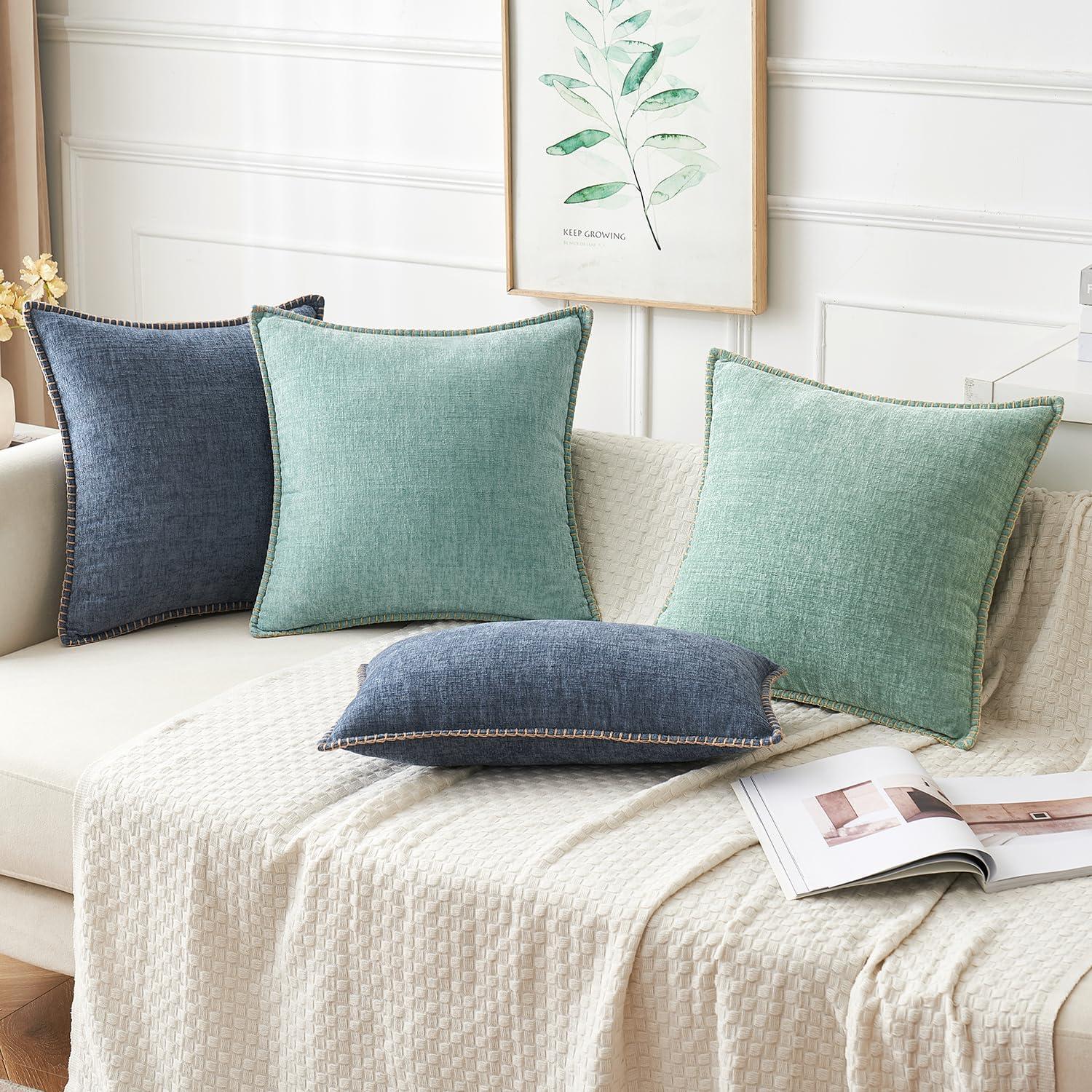 imageMIULEE Pack of 2 Couch Throw Pillow Covers 18x18 Inch Dark Teal Farmhouse Decorative Pillow Covers with Stitched Edge Soft Chenille Solid Dyed Spring Pillow Covers for Sofa Bed Living RoomAqua Blue