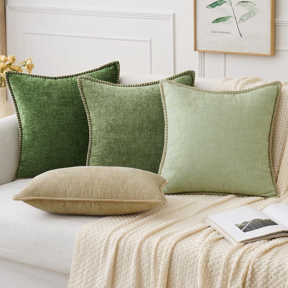 imageMIULEE Pack of 2 Couch Throw Pillow Covers 18x18 Inch Dark Teal Farmhouse Decorative Pillow Covers with Stitched Edge Soft Chenille Solid Dyed Spring Pillow Covers for Sofa Bed Living RoomSage Green