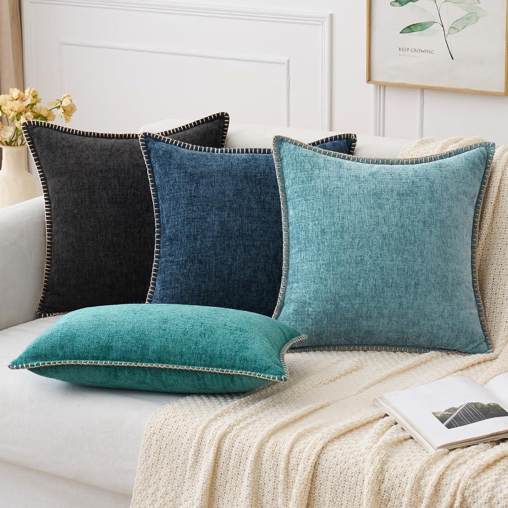 imageMIULEE Pack of 2 Couch Throw Pillow Covers 18x18 Inch Dark Teal Farmhouse Decorative Pillow Covers with Stitched Edge Soft Chenille Solid Dyed Spring Pillow Covers for Sofa Bed Living RoomSmoke Blue