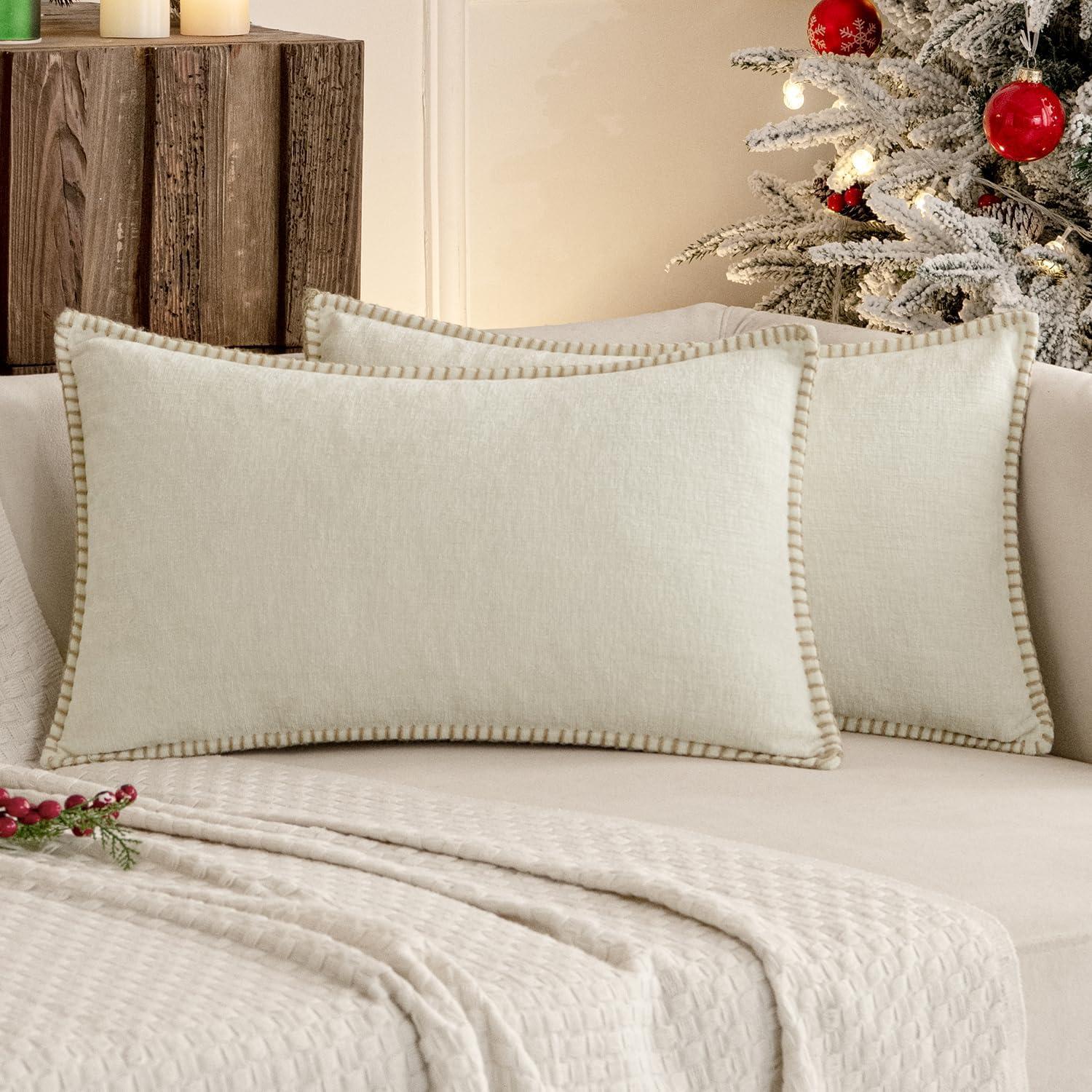 imageMIULEE Pack of 2 Couch Throw Pillow Covers 18x18 Inch Dark Teal Farmhouse Decorative Pillow Covers with Stitched Edge Soft Chenille Solid Dyed Spring Pillow Covers for Sofa Bed Living RoomCream White