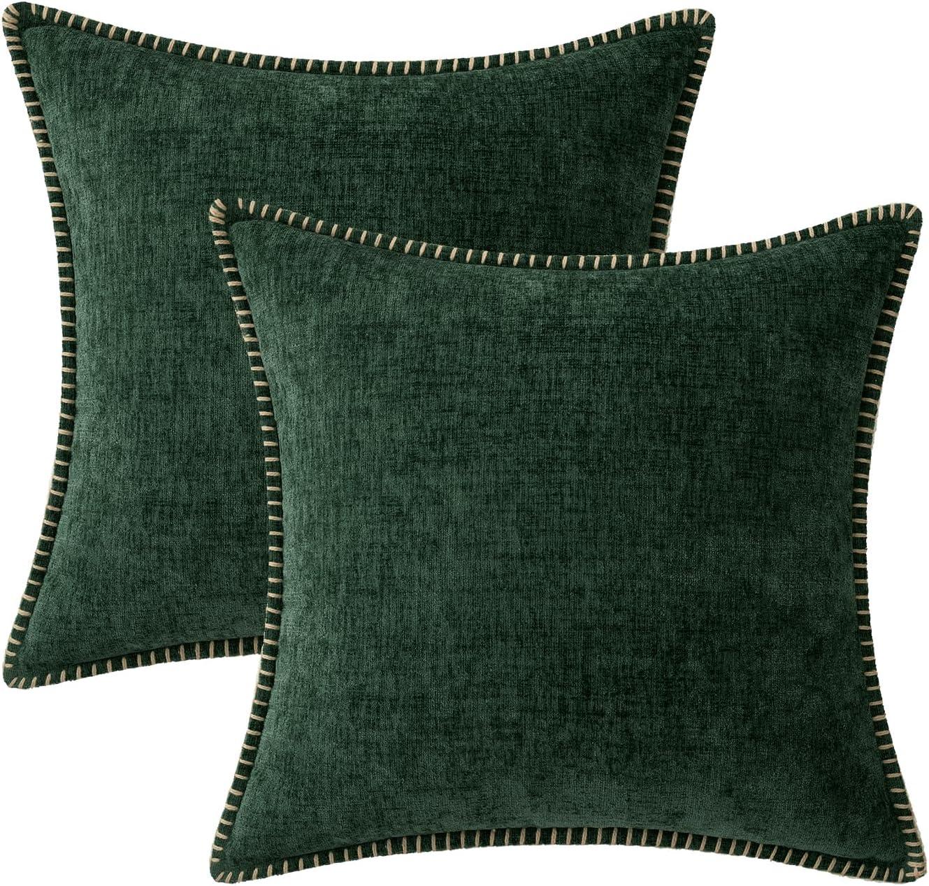imageMIULEE Pack of 2 Couch Throw Pillow Covers 18x18 Inch Dark Teal Farmhouse Decorative Pillow Covers with Stitched Edge Soft Chenille Solid Dyed Spring Pillow Covers for Sofa Bed Living RoomDark Green