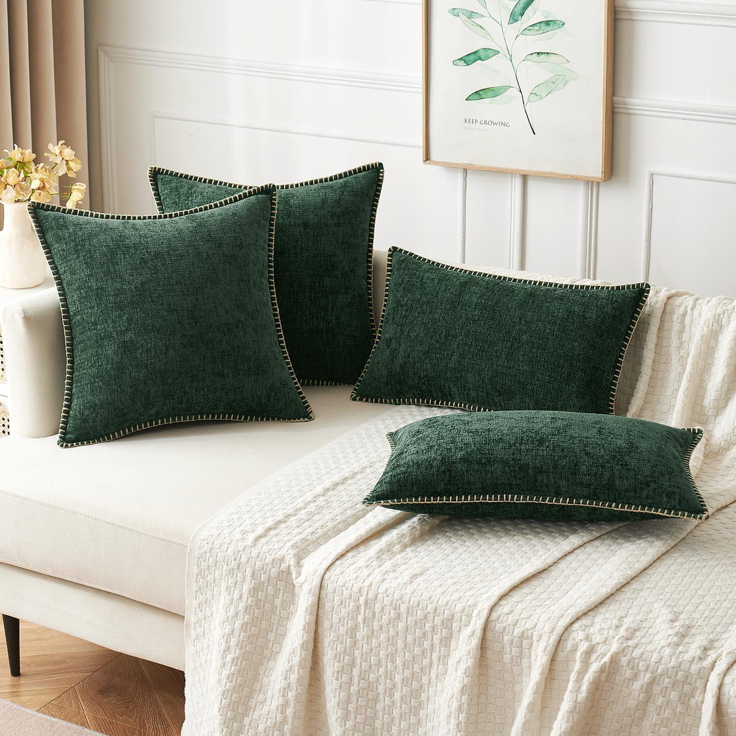 imageMIULEE Pack of 2 Couch Throw Pillow Covers 18x18 Inch Dark Teal Farmhouse Decorative Pillow Covers with Stitched Edge Soft Chenille Solid Dyed Spring Pillow Covers for Sofa Bed Living RoomDark Green