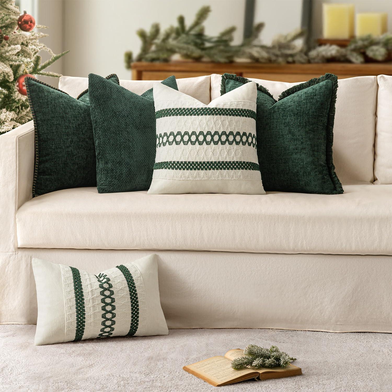imageMIULEE Pack of 2 Couch Throw Pillow Covers 18x18 Inch Dark Teal Farmhouse Decorative Pillow Covers with Stitched Edge Soft Chenille Solid Dyed Spring Pillow Covers for Sofa Bed Living RoomDark Green