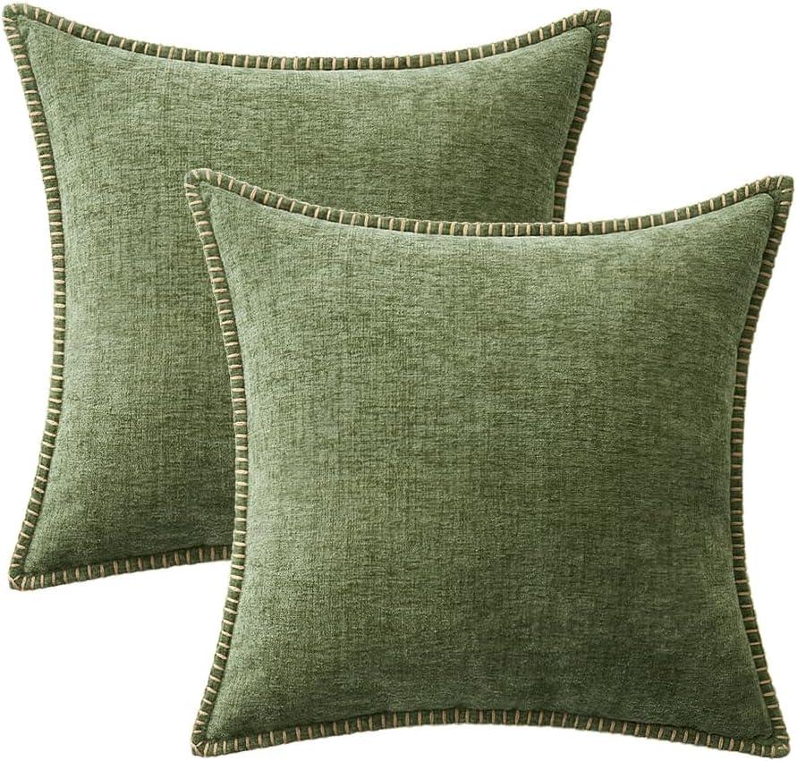 imageMIULEE Pack of 2 Couch Throw Pillow Covers 18x18 Inch Dark Teal Farmhouse Decorative Pillow Covers with Stitched Edge Soft Chenille Solid Dyed Spring Pillow Covers for Sofa Bed Living RoomSage Green