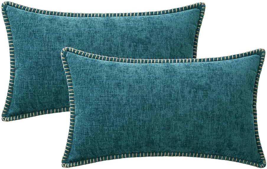 imageMIULEE Pack of 2 Couch Throw Pillow Covers 18x18 Inch Dark Teal Farmhouse Decorative Pillow Covers with Stitched Edge Soft Chenille Solid Dyed Spring Pillow Covers for Sofa Bed Living RoomDark Teal