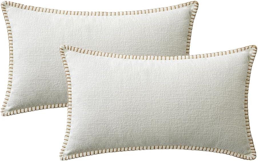 imageMIULEE Pack of 2 Couch Throw Pillow Covers 18x18 Inch Dark Teal Farmhouse Decorative Pillow Covers with Stitched Edge Soft Chenille Solid Dyed Spring Pillow Covers for Sofa Bed Living RoomPure White