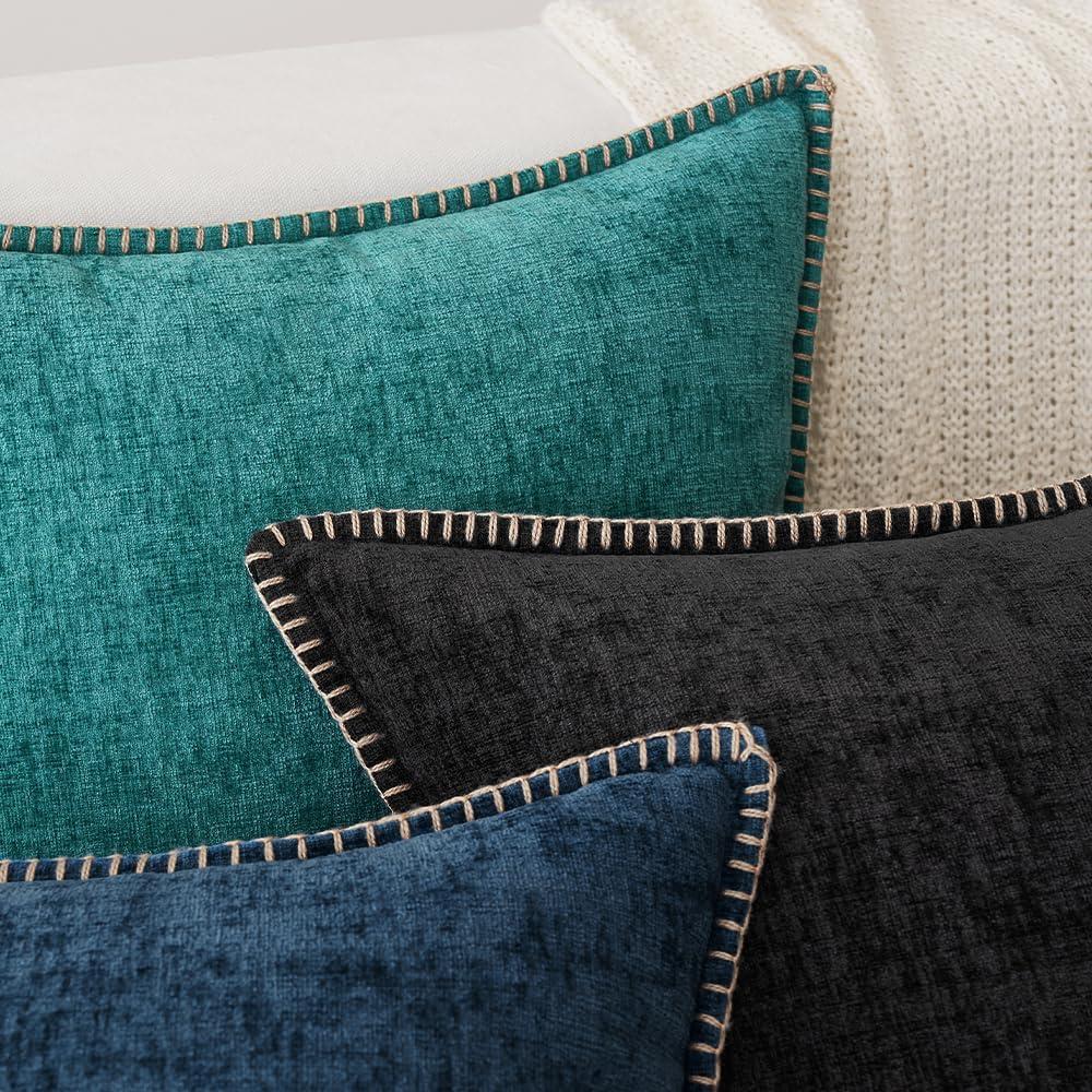 imageMIULEE Pack of 2 Couch Throw Pillow Covers 18x18 Inch Dark Teal Farmhouse Decorative Pillow Covers with Stitched Edge Soft Chenille Solid Dyed Spring Pillow Covers for Sofa Bed Living RoomBlack