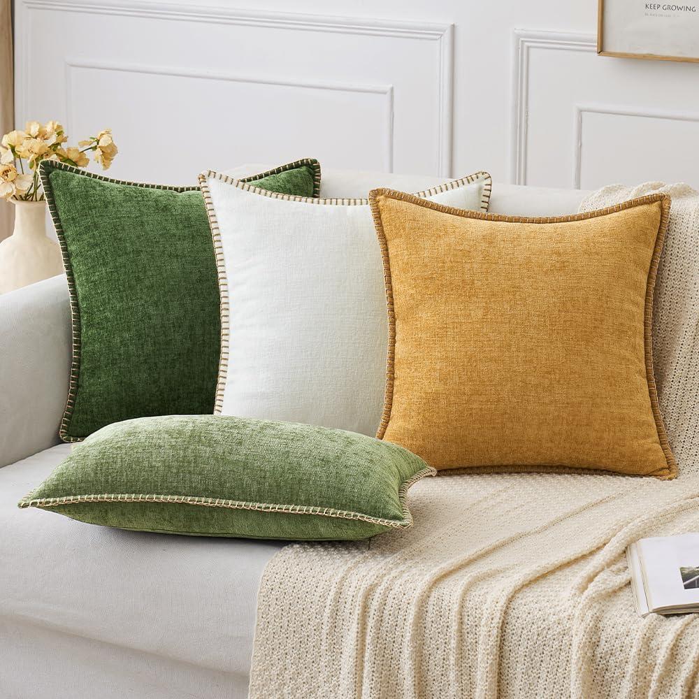 imageMIULEE Pack of 2 Couch Throw Pillow Covers 18x18 Inch Dark Teal Farmhouse Decorative Pillow Covers with Stitched Edge Soft Chenille Solid Dyed Spring Pillow Covers for Sofa Bed Living RoomMoss Green