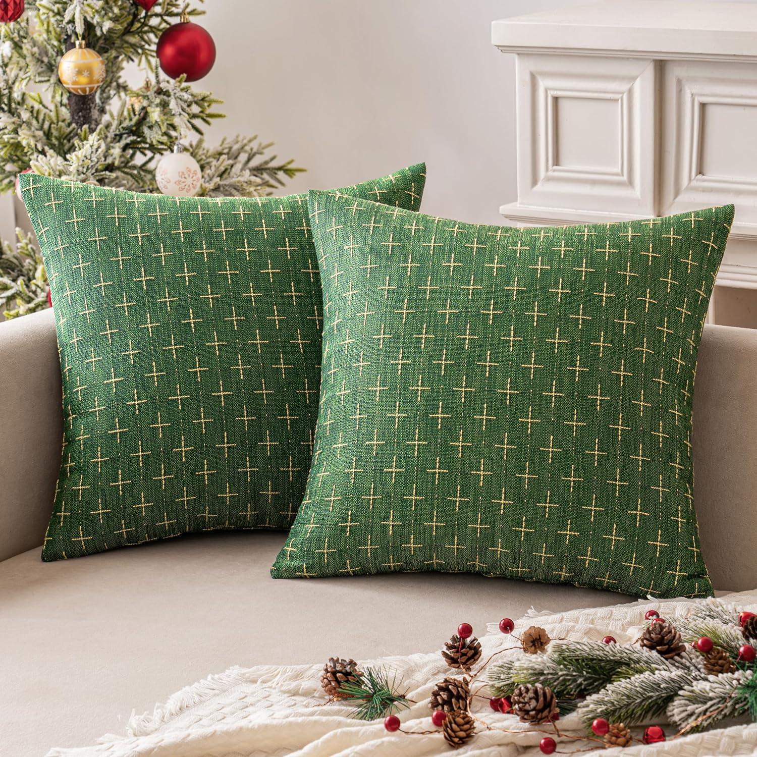 imageMIULEE Pack of 2 Decorative Burlap Linen Euro Sham Throw Pillow Covers for Sofa Couch Bed 24x24 Inch Modern Farmhouse Vintage Pillowcases Rustic Woven Textured Cushion Cover BlueChristmas Green
