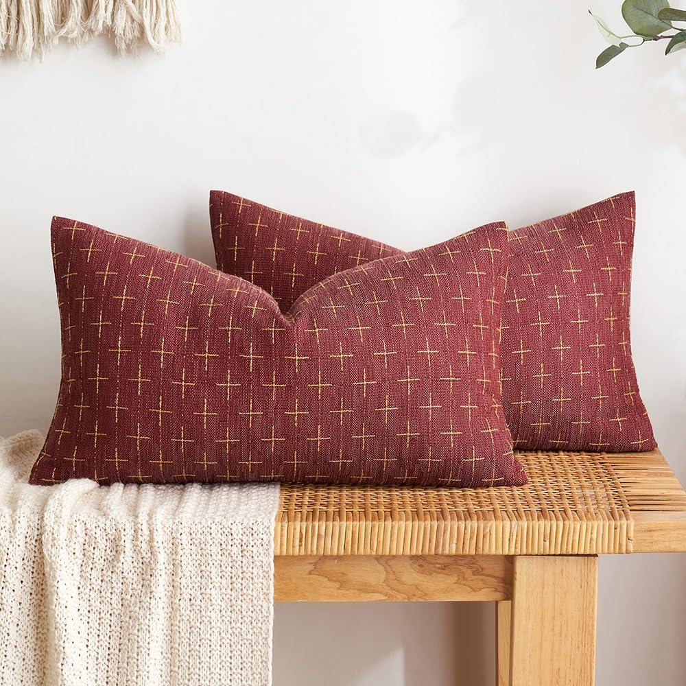 imageMIULEE Pack of 2 Decorative Burlap Linen Euro Sham Throw Pillow Covers for Sofa Couch Bed 24x24 Inch Modern Farmhouse Vintage Pillowcases Rustic Woven Textured Cushion Cover BlueWine Red