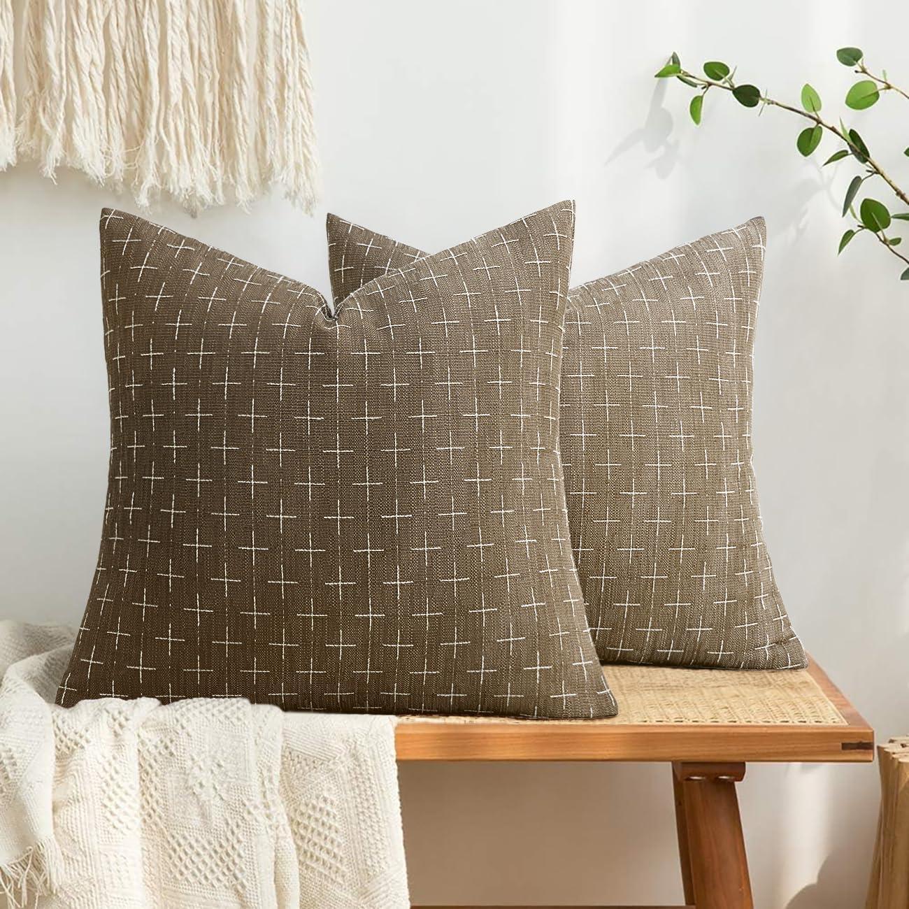 imageMIULEE Pack of 2 Decorative Burlap Linen Euro Sham Throw Pillow Covers for Sofa Couch Bed 24x24 Inch Modern Farmhouse Vintage Pillowcases Rustic Woven Textured Cushion Cover BlueTaupe