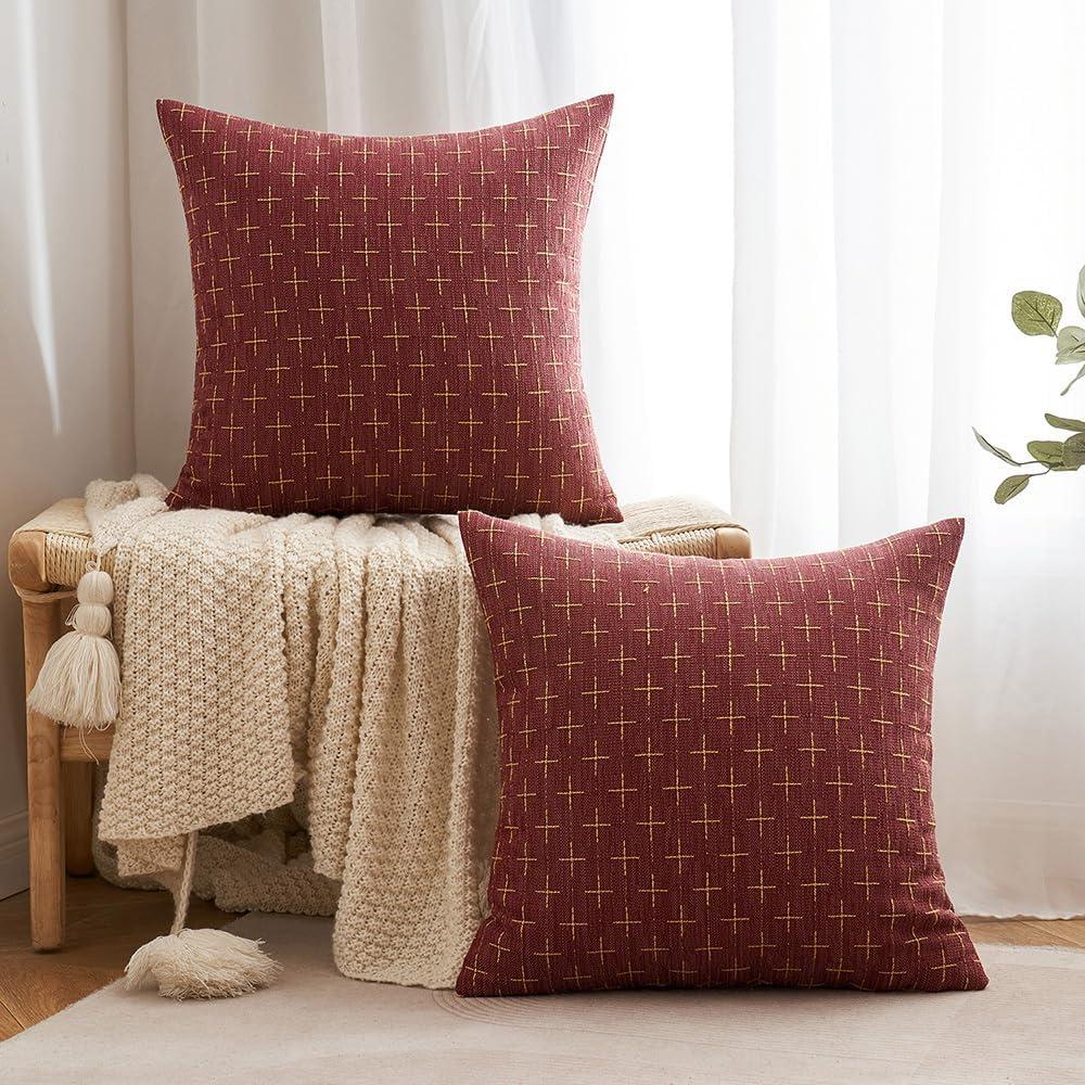 imageMIULEE Pack of 2 Decorative Burlap Linen Euro Sham Throw Pillow Covers for Sofa Couch Bed 24x24 Inch Modern Farmhouse Vintage Pillowcases Rustic Woven Textured Cushion Cover BlueWine Red