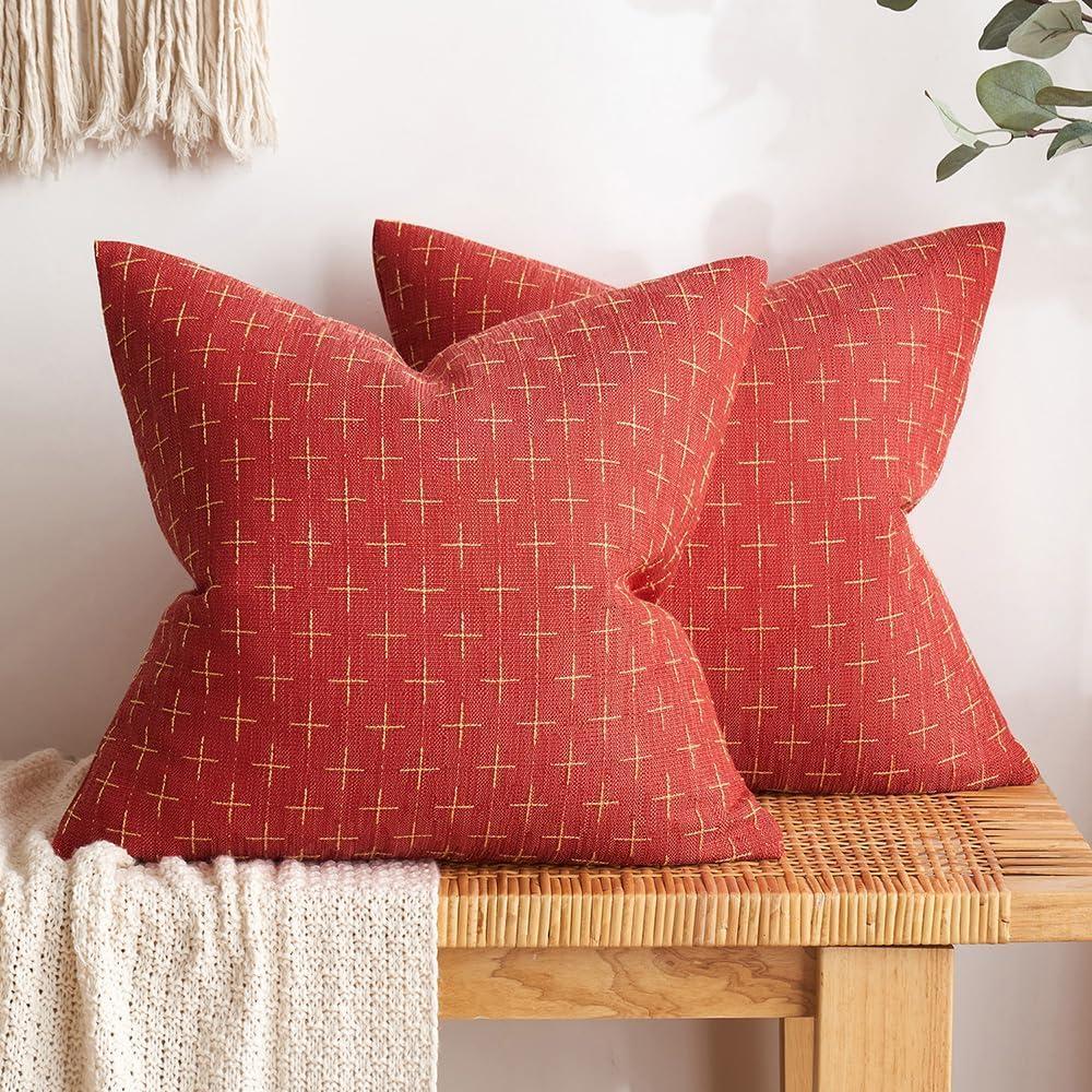 imageMIULEE Pack of 2 Decorative Burlap Linen Euro Sham Throw Pillow Covers for Sofa Couch Bed 24x24 Inch Modern Farmhouse Vintage Pillowcases Rustic Woven Textured Cushion Cover BlueChristmas Red
