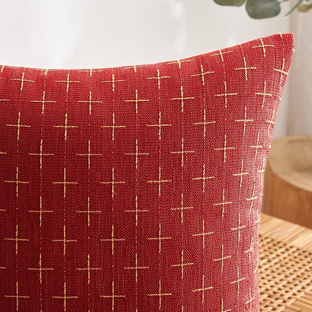 imageMIULEE Pack of 2 Decorative Burlap Linen Euro Sham Throw Pillow Covers for Sofa Couch Bed 24x24 Inch Modern Farmhouse Vintage Pillowcases Rustic Woven Textured Cushion Cover BlueChristmas Red