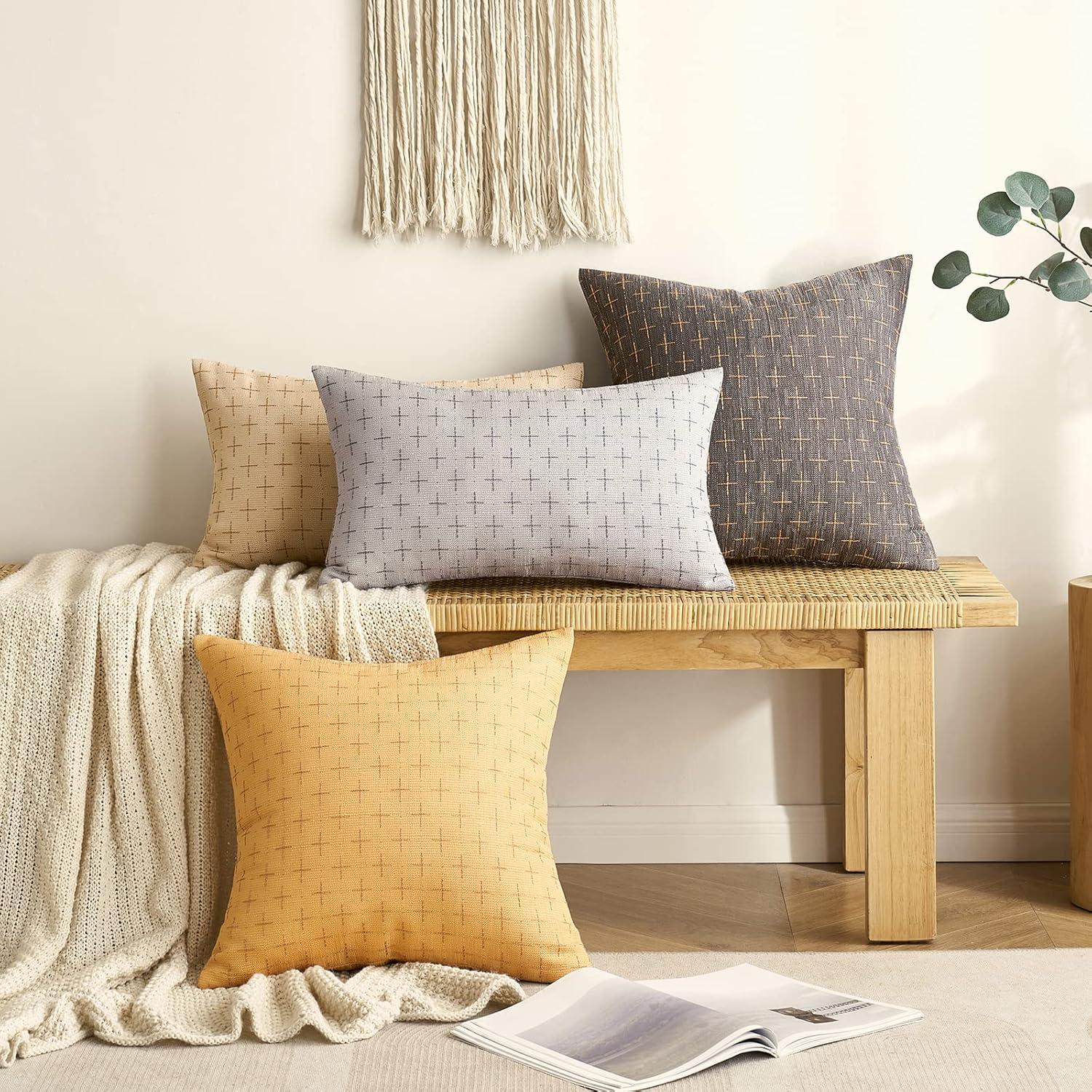 imageMIULEE Pack of 2 Decorative Burlap Linen Euro Sham Throw Pillow Covers for Sofa Couch Bed 24x24 Inch Modern Farmhouse Vintage Pillowcases Rustic Woven Textured Cushion Cover BlueLight Yellow