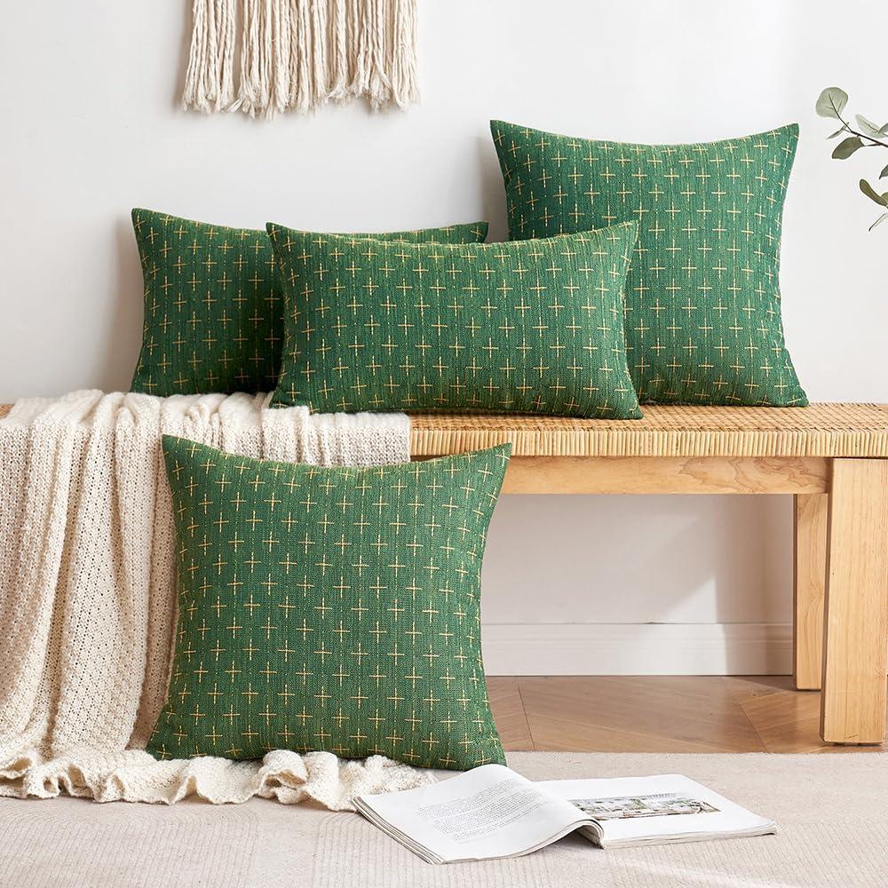 imageMIULEE Pack of 2 Decorative Burlap Linen Euro Sham Throw Pillow Covers for Sofa Couch Bed 24x24 Inch Modern Farmhouse Vintage Pillowcases Rustic Woven Textured Cushion Cover BlueChristmas Green