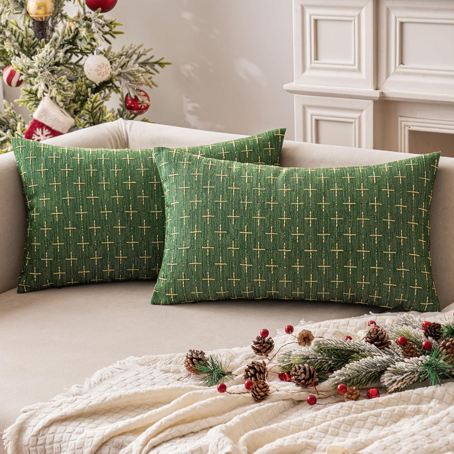 imageMIULEE Pack of 2 Decorative Burlap Linen Euro Sham Throw Pillow Covers for Sofa Couch Bed 24x24 Inch Modern Farmhouse Vintage Pillowcases Rustic Woven Textured Cushion Cover BlueChristmas Green