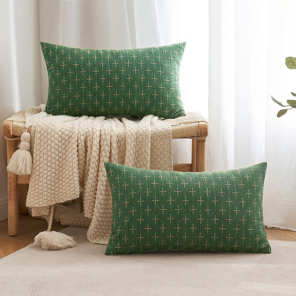 imageMIULEE Pack of 2 Decorative Burlap Linen Euro Sham Throw Pillow Covers for Sofa Couch Bed 24x24 Inch Modern Farmhouse Vintage Pillowcases Rustic Woven Textured Cushion Cover BlueChristmas Green