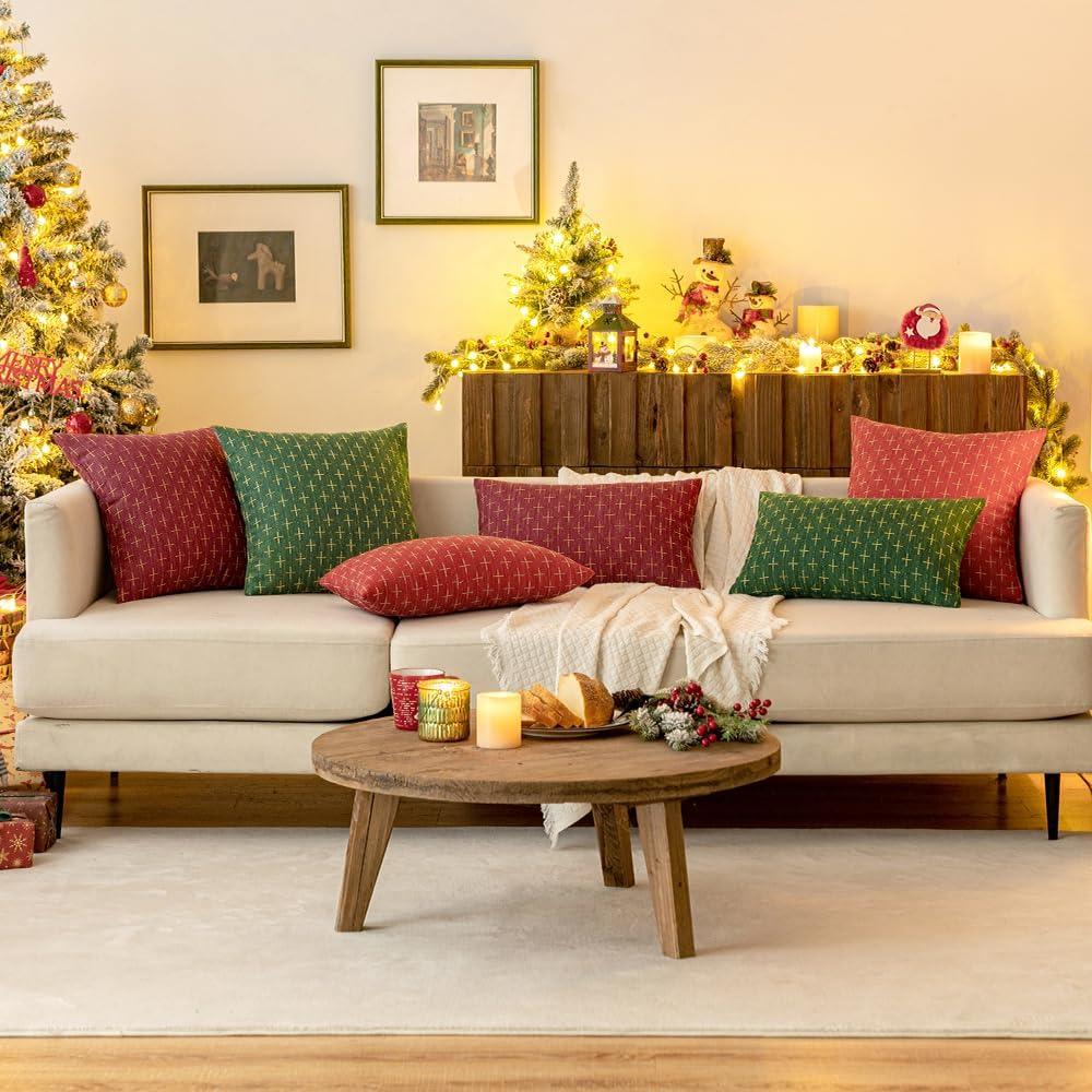 imageMIULEE Pack of 2 Decorative Burlap Linen Euro Sham Throw Pillow Covers for Sofa Couch Bed 24x24 Inch Modern Farmhouse Vintage Pillowcases Rustic Woven Textured Cushion Cover BlueChristmas Green