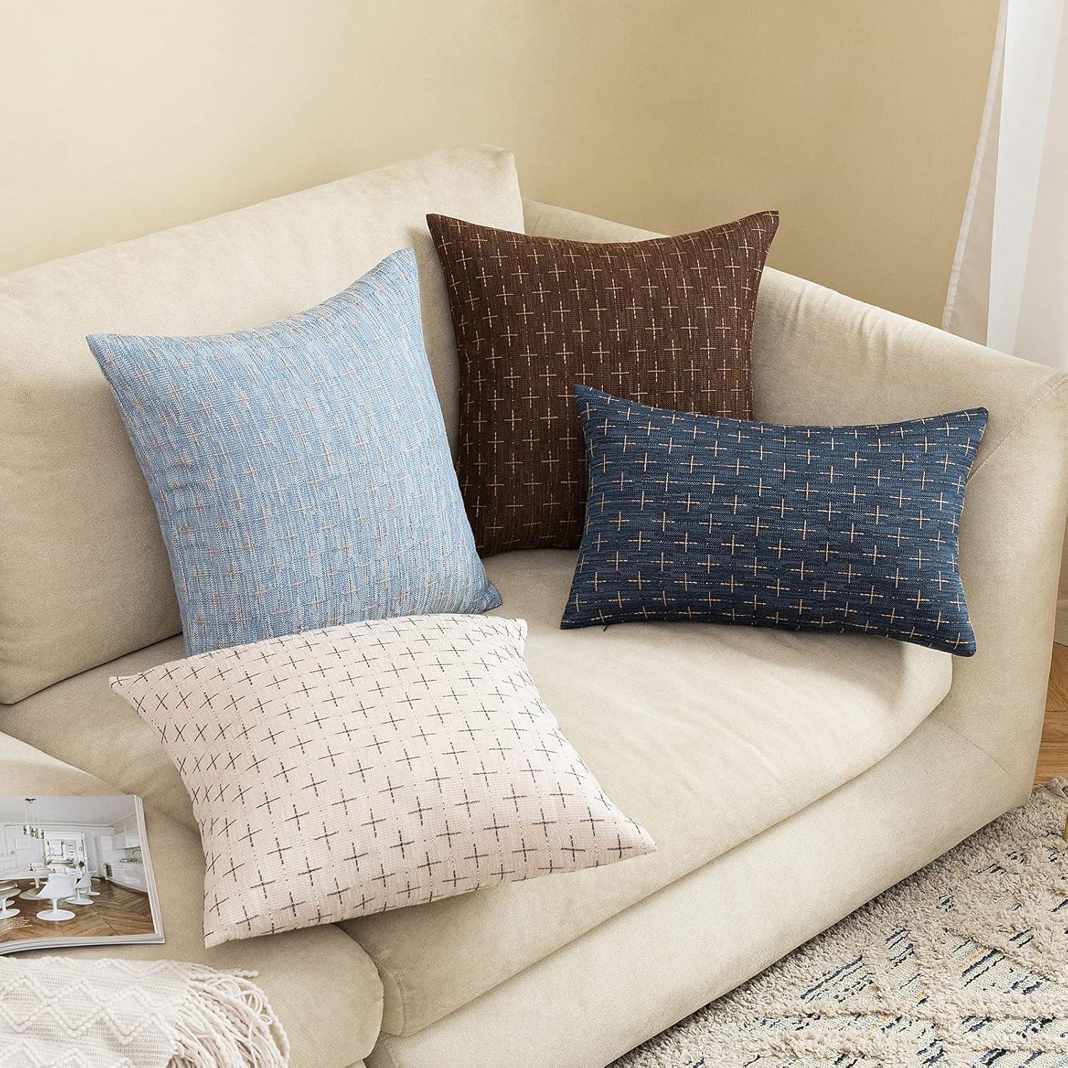 imageMIULEE Pack of 2 Decorative Burlap Linen Euro Sham Throw Pillow Covers for Sofa Couch Bed 24x24 Inch Modern Farmhouse Vintage Pillowcases Rustic Woven Textured Cushion Cover BlueBeige