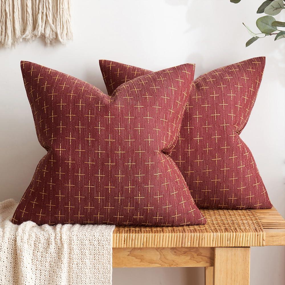 imageMIULEE Pack of 2 Decorative Burlap Linen Euro Sham Throw Pillow Covers for Sofa Couch Bed 24x24 Inch Modern Farmhouse Vintage Pillowcases Rustic Woven Textured Cushion Cover BlueWine Red