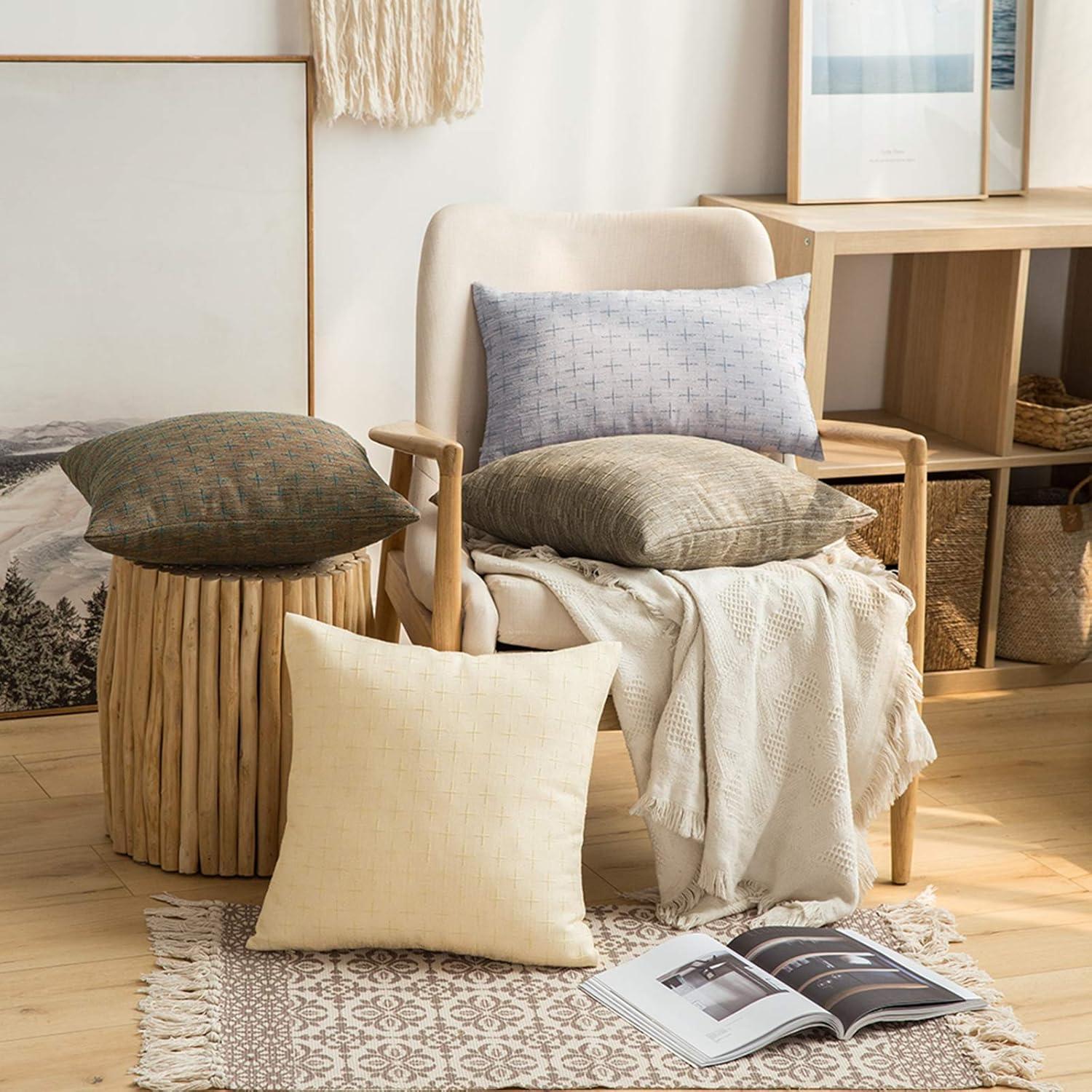 imageMIULEE Pack of 2 Decorative Burlap Linen Euro Sham Throw Pillow Covers for Sofa Couch Bed 24x24 Inch Modern Farmhouse Vintage Pillowcases Rustic Woven Textured Cushion Cover BlueTan