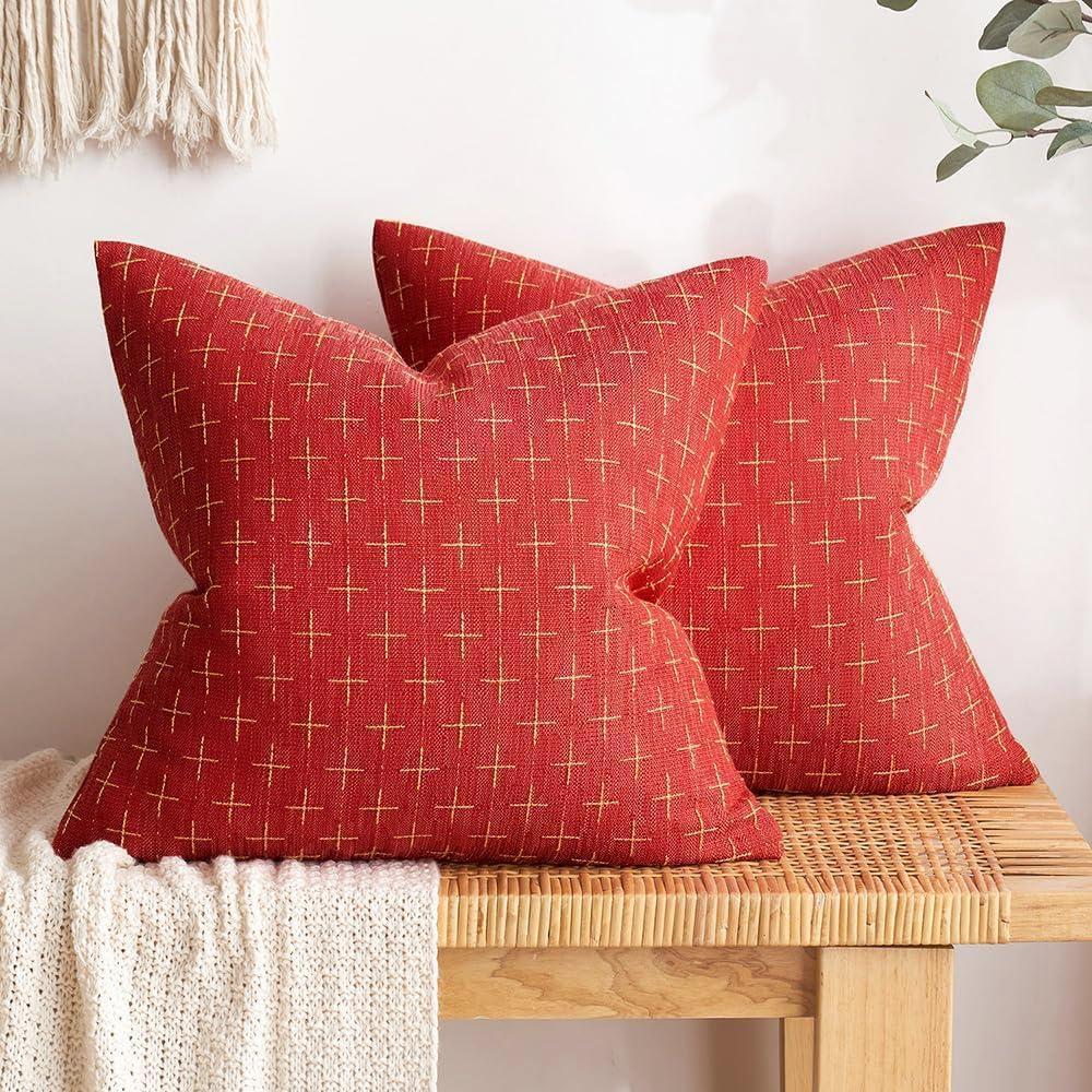 imageMIULEE Pack of 2 Decorative Burlap Linen Euro Sham Throw Pillow Covers for Sofa Couch Bed 24x24 Inch Modern Farmhouse Vintage Pillowcases Rustic Woven Textured Cushion Cover BlueChristmas Red